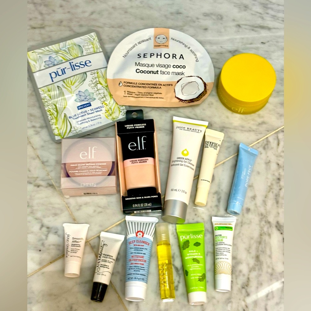 Skincare bundle- elf powder primer brightening pads, Ulta, purlisse, Milk, more